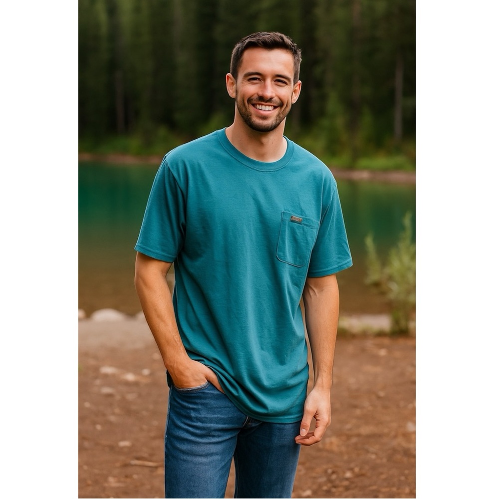 Men’s Pendleton Teal Blue Leather Patch Pocket Te… - image 1